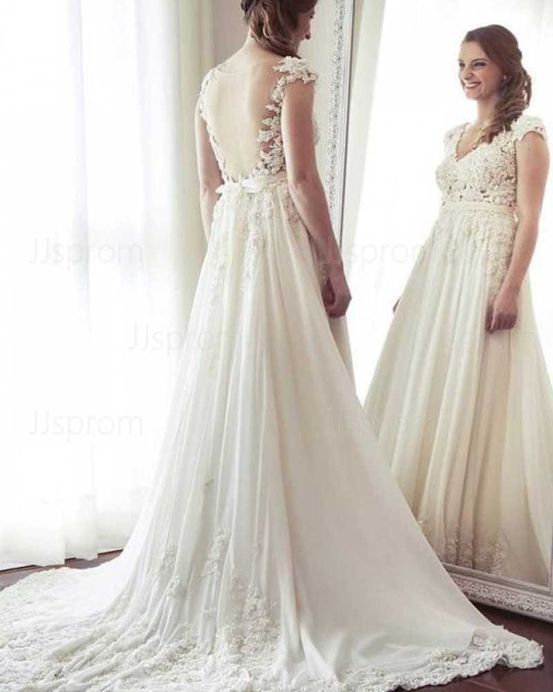 V-neck Lace Applique A-line Wedding Dress with Cap Sleeves WD2205