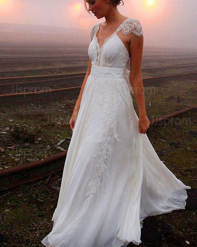 Lace Applique V-neck Sheath Wedding Dress with Cap Sleeves WD2206