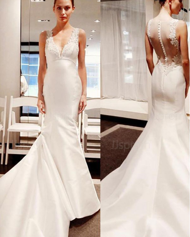 Simple Applique Satin Ivory V-neck Mermaid Wedding Dress WD2210