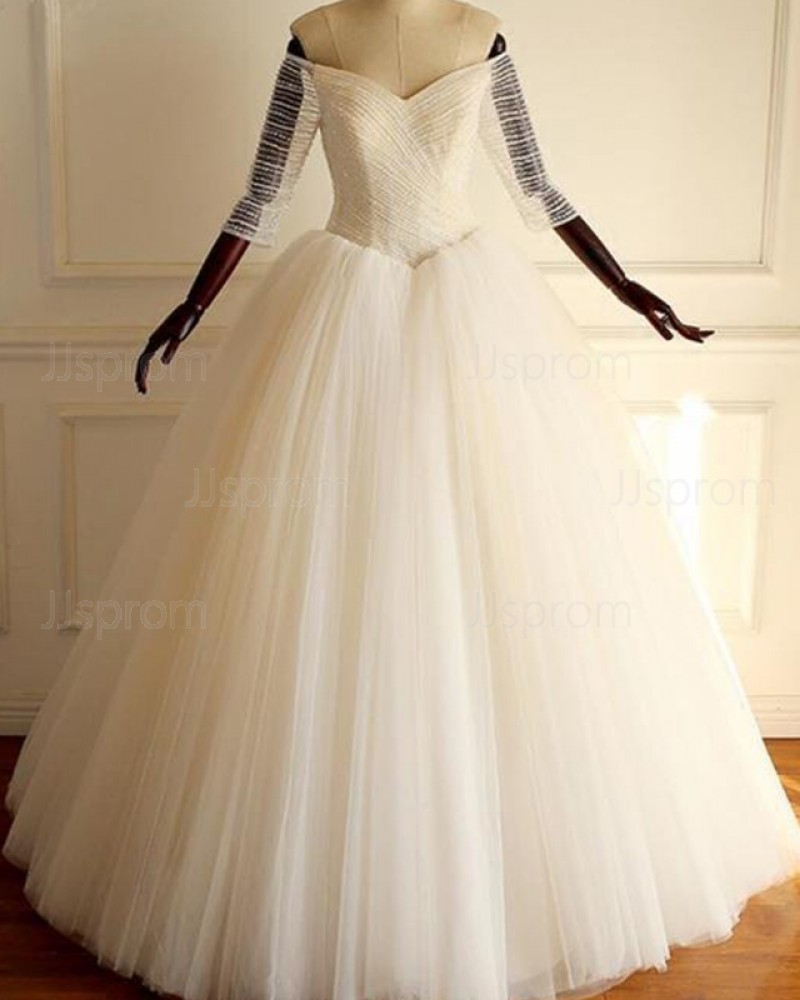 Ruch Tulle Pleated Off the Shoulder Ball Gown Wedding Dress with 3/4 Length Sleeves WD2211