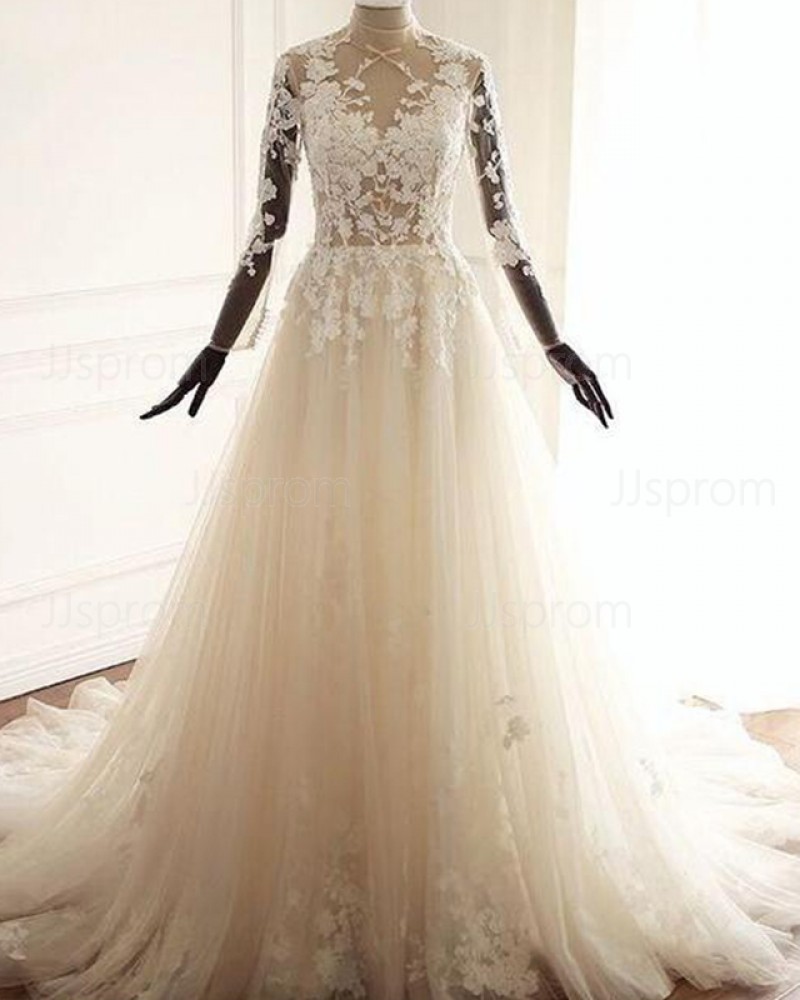 Tulle A-line High Neck Lace Applique Wedding Dress with Long Sleeves WD2223