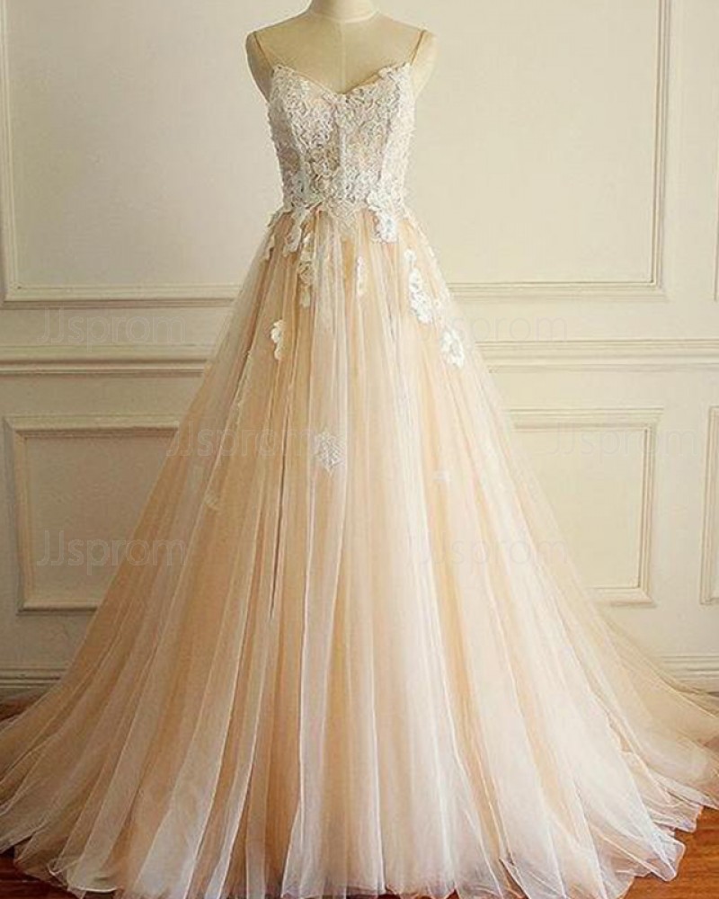 Champagne Tulle Spaghetti Straps Lace Applique Wedding Dress WD2225