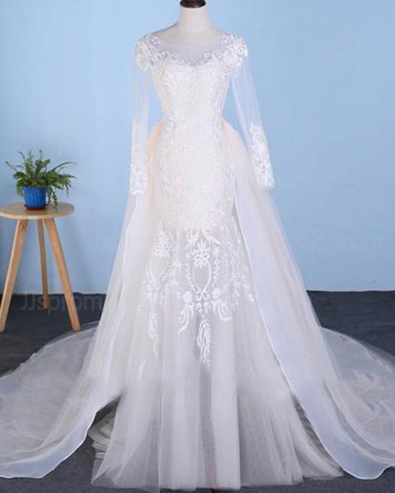 Tulle Mermaid Long Sleeve Bateau Lace Applique Wedding Dress with Detachable Skirt WD2227