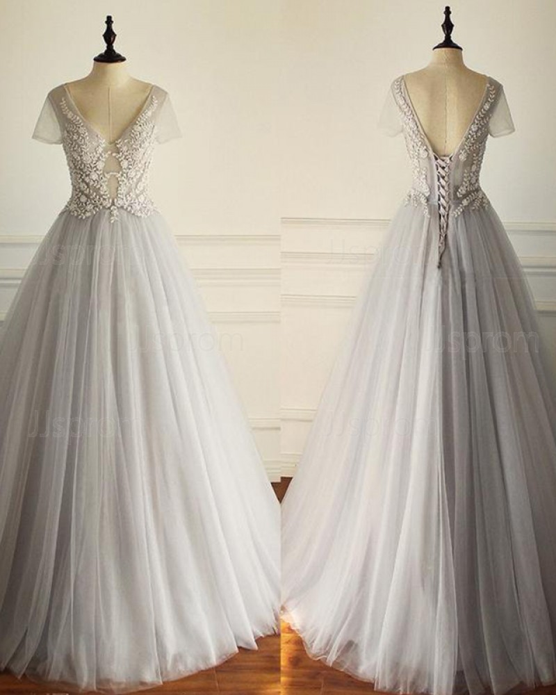 Pleated Tulle V-neck Grey Beading Bodice Wedding Dress with Short Sleeves WD2229
