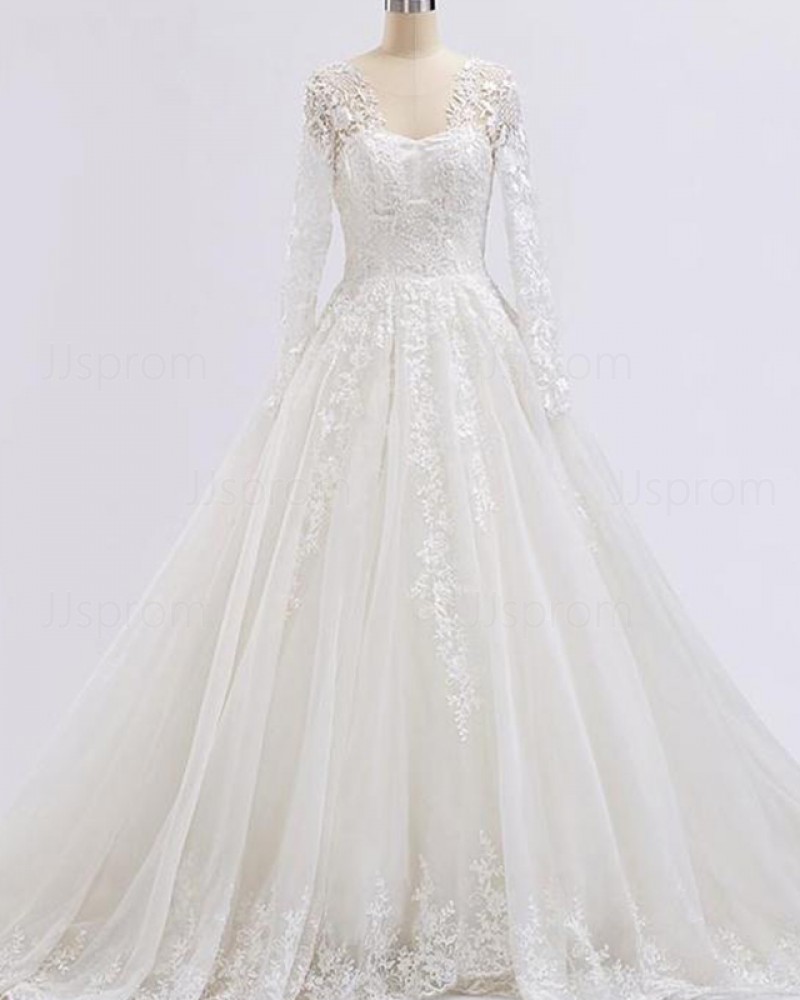 V-neck Ivory A-line Lace Applique Wedding Dress with Long Sleeves WD2232