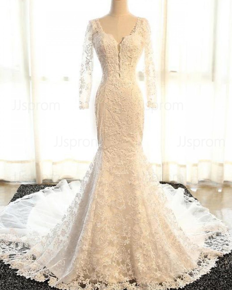 Lace Mermaid Scoop Vintage Wedding Dress with Long Sleeves WD2233