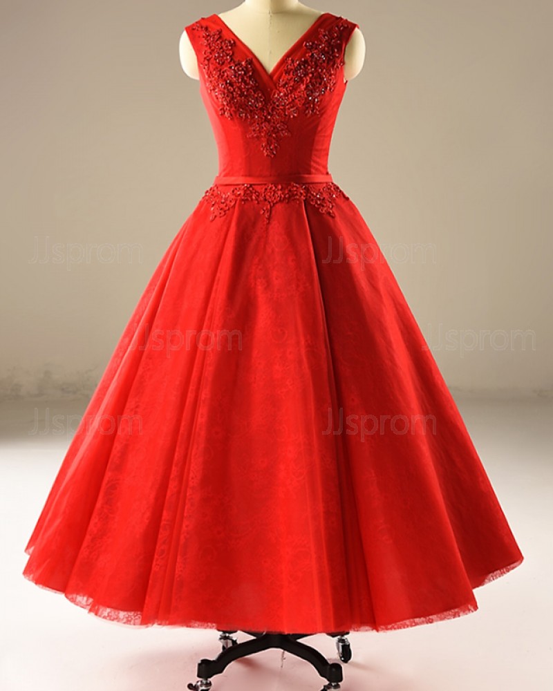 Red Tea Length V-neck Beading Applique Wedding Dress WD2235