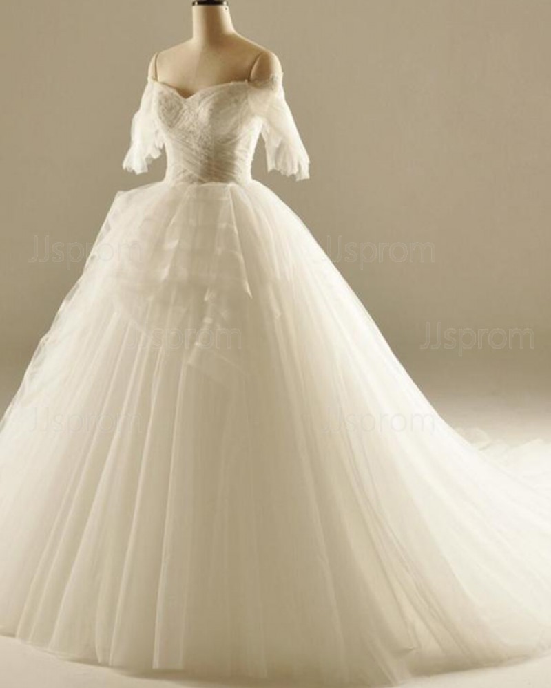 Ruched White Off the Shoulder Ball Gown Wedding Dress WD2236