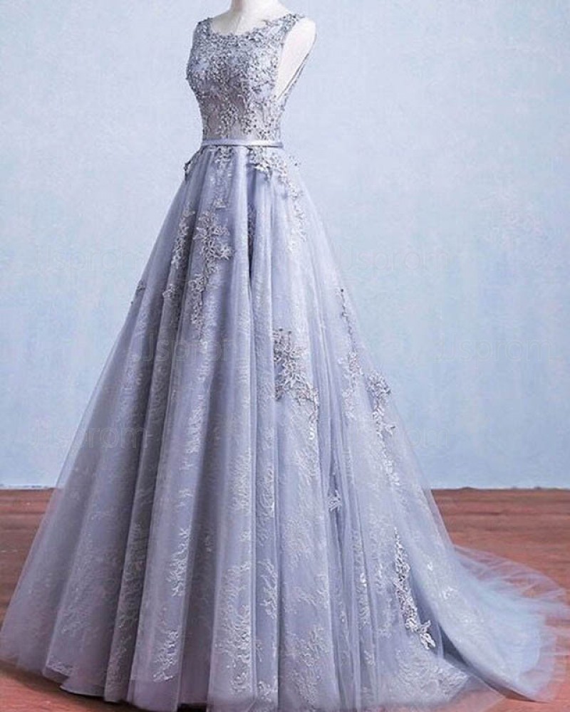 Appliqued Lace Light Blue Scoop Neck Pleated Wedding Dress WD2239