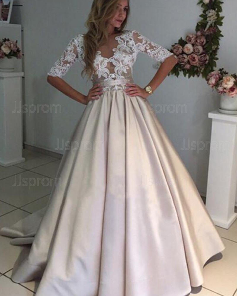 Sheer Neck Satin Ivory Lace Bodice Wedding Dress with Half Length Sleeves WD2240