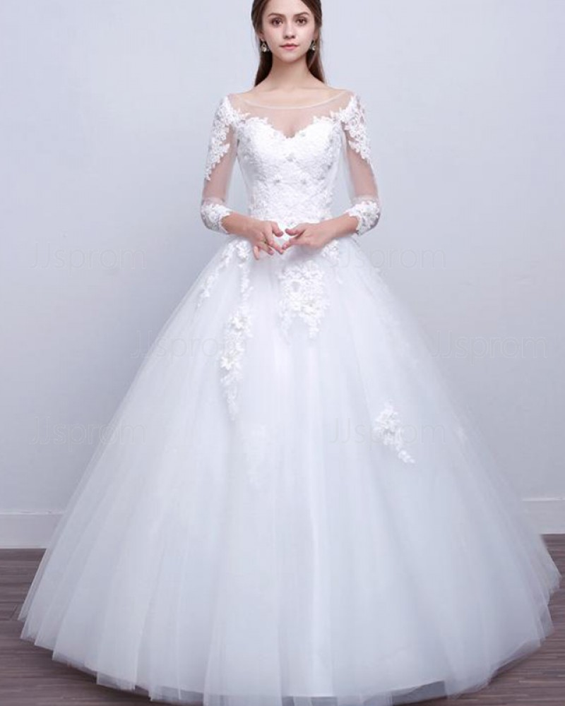 Bateau Lace Applique White A-line Tulle Wedding Dress with Long Sleeves WD2253