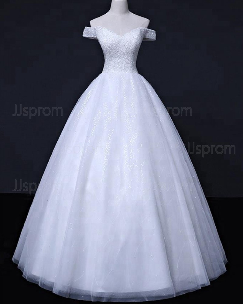 White Sequin Off the Shoulder Beading Wedding Gown WD2257