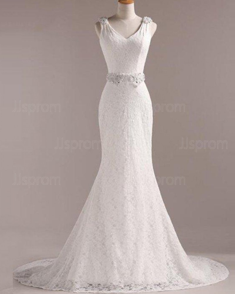 Vintage Lace V-neck Mermaid Wedding Dress with Beading Belt WD2258