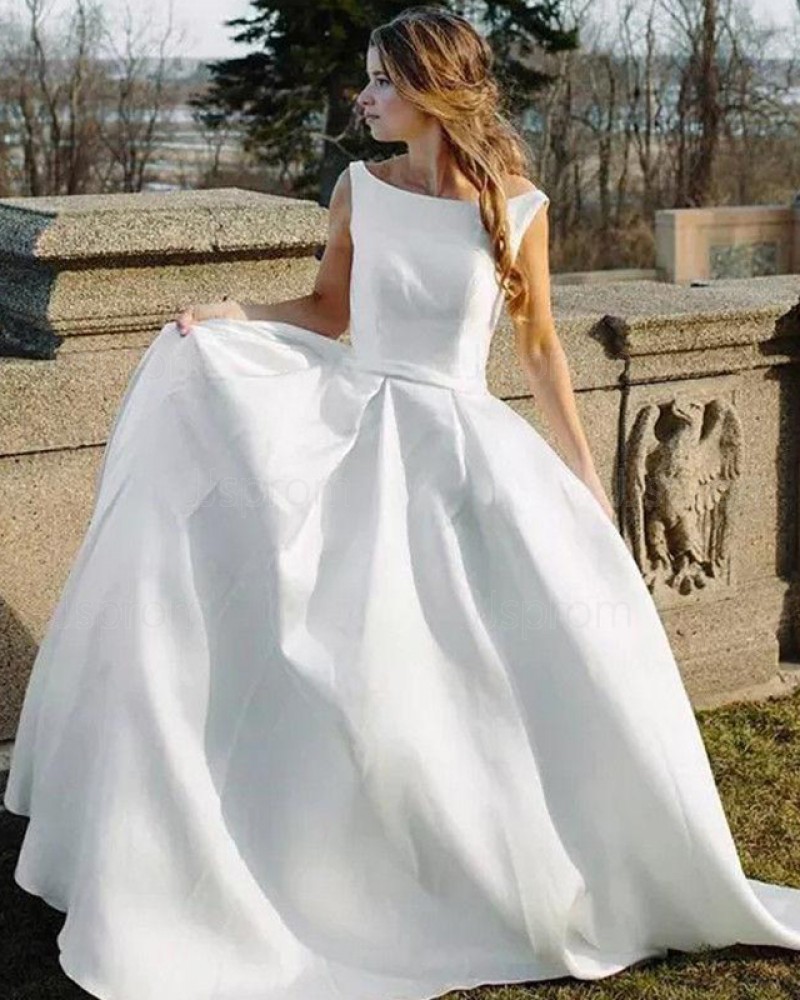 Simple Bateau White Satin A-line Wedding Dress WD2262