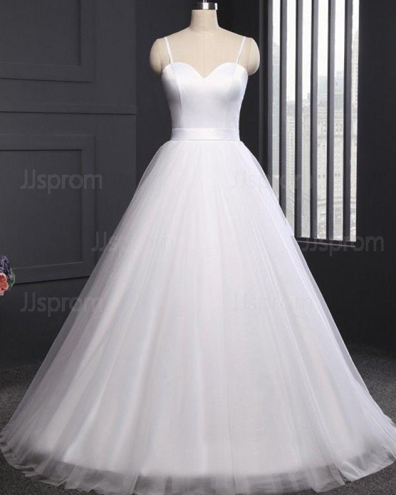 White Tulle Simple Spaghetti Straps A-line Wedding Dress WD2263