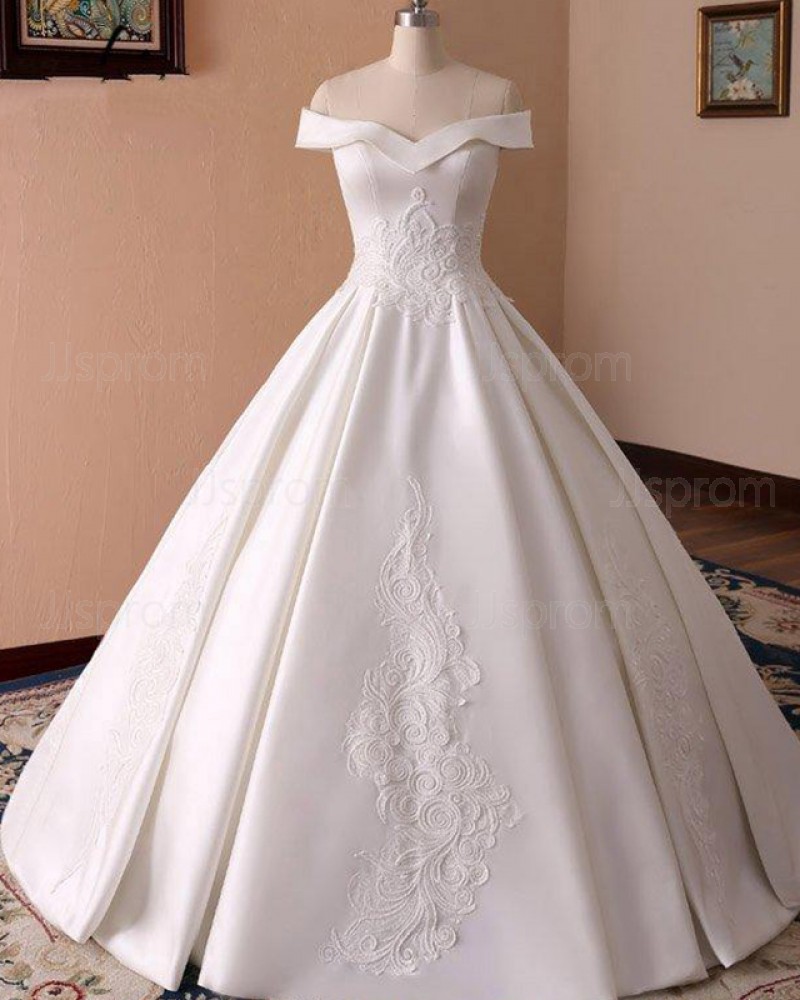 Lace Applique A-line Off the Shoulder Satin Fall Wedding Dress WD2264