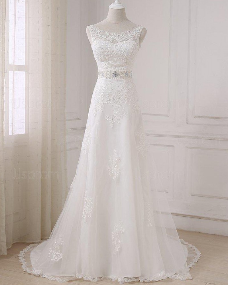 A-line Bateau Lace Applique Wedding Dress with Beading Sash WD2265