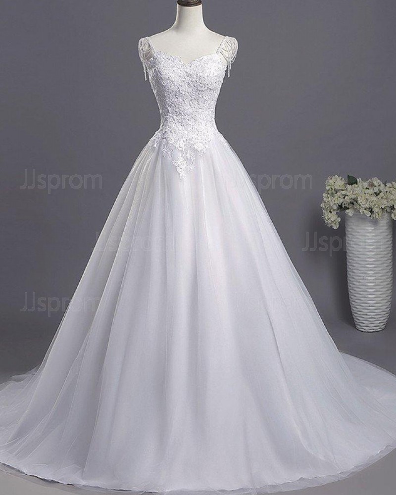 White Princess Scoop Lace Appliqued Tulle Wedding Dress WD2266