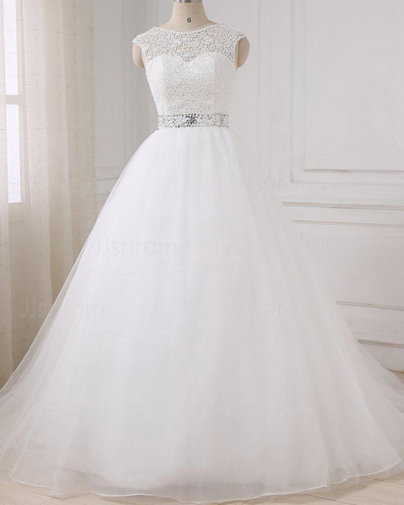 White Tulle Jewel Lace Bodice Wedding Dress with Beading Belt WD2268
