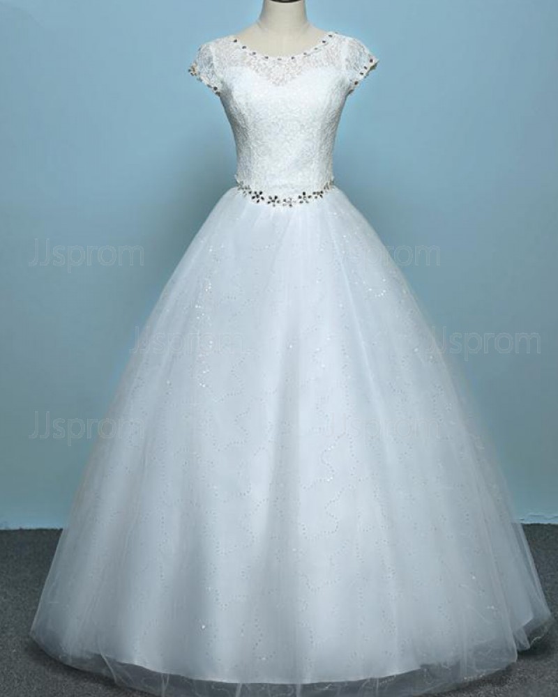 Lace Bodice Scoop Beading White Tulle Wedding Gown WD2269