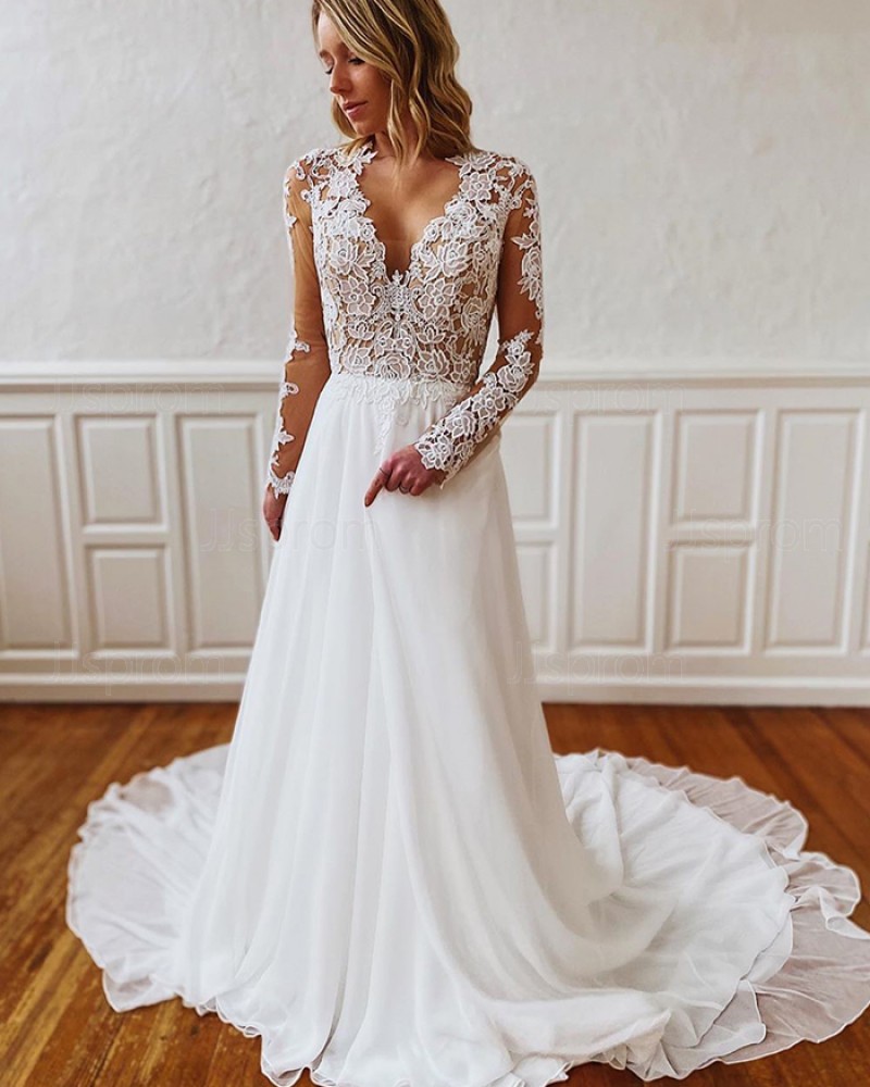 Lace Bodice White V-neck Wedding Dress with Long Sleeves WD2301