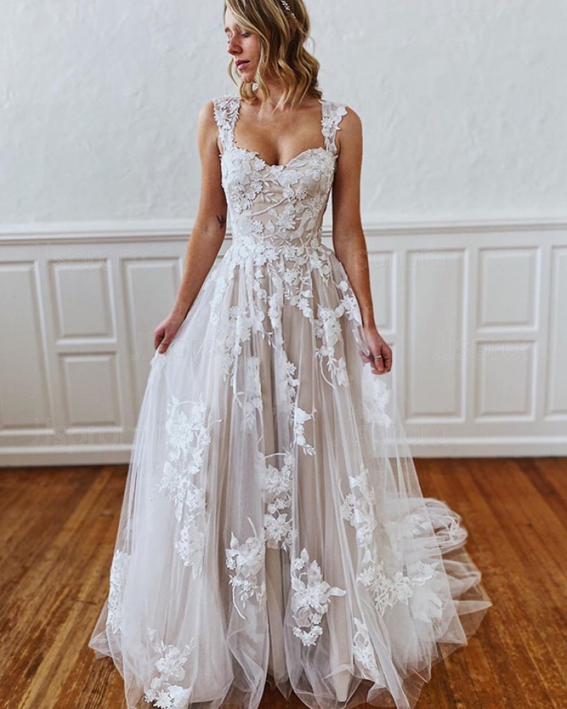 Lace Applique Ivory Square A-line Wedding Dress WD2302