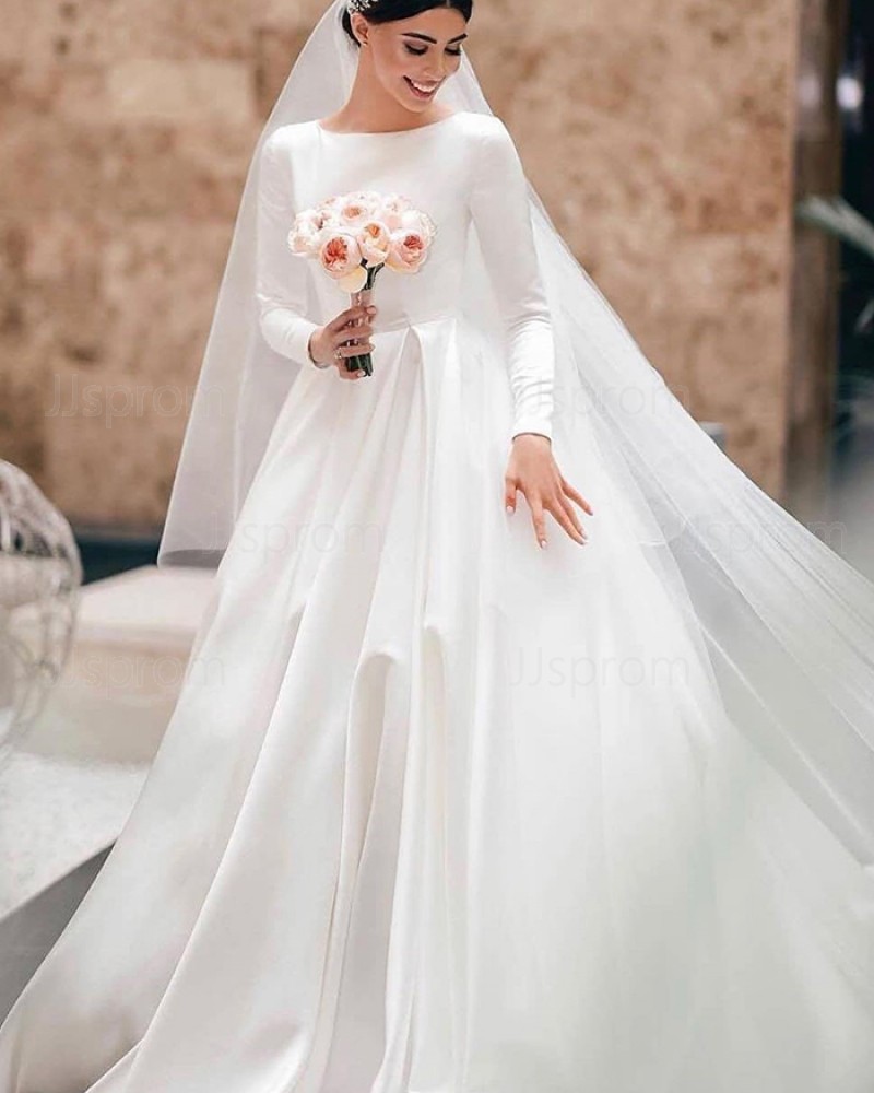 Satin White Jewel Neck Wedding Dress with Long Sleeves WD2306