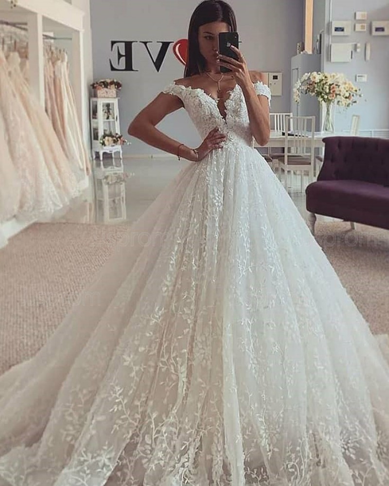 Pleated Lace Ivory Off the Shoulder Wedding Gown WD2313