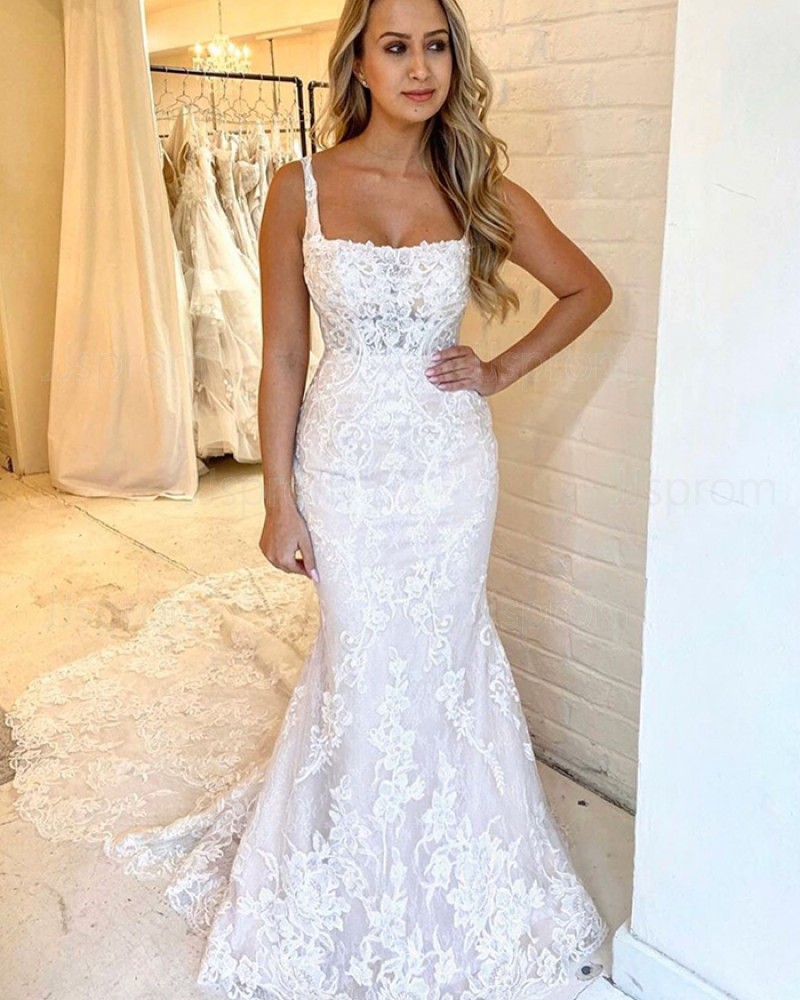 Lace Square Neckline Mermaid Wedding Dress with Chapel Train WD2316