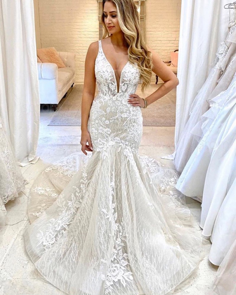 Ivory Sparkle Deep V-neck Applique Lace Mermaid Wedding Dress WD2319