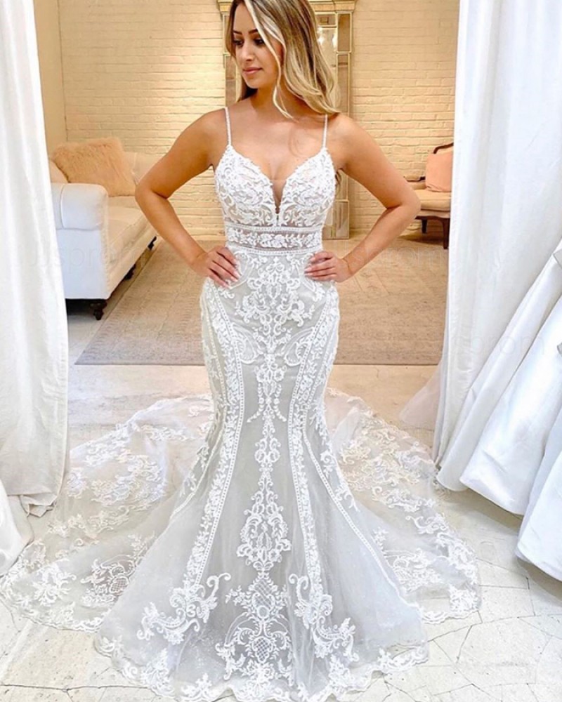 Ivory Lace Mermaid Spaghetti Straps Wedding Dress WD2322