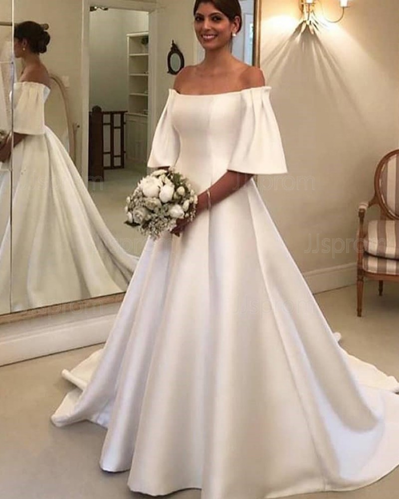 White Satin A-line Off the Shoulder Wedding Dress with Short Sleeves WD2324