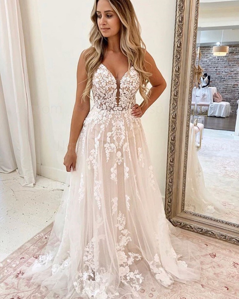 Ivory Lace Applique Spaghetti Straps A-line Wedding Dress WD2325