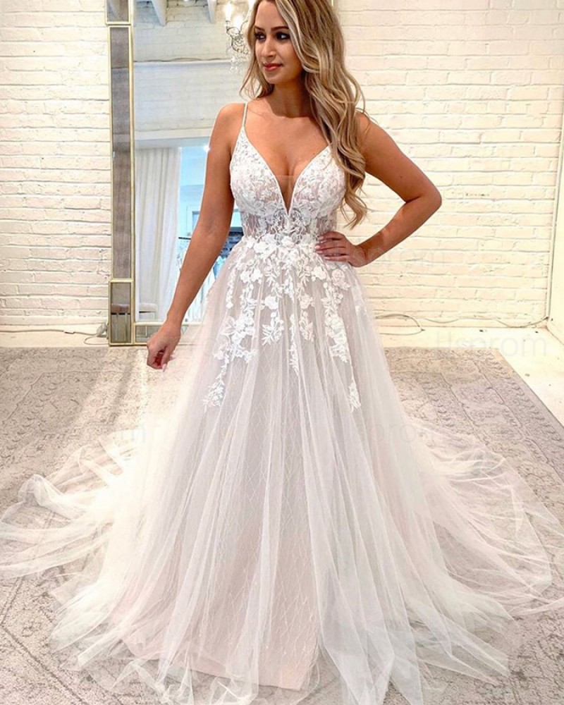 Lace Applique Sparkle Spaghetti Straps Wedding Dress WD2326