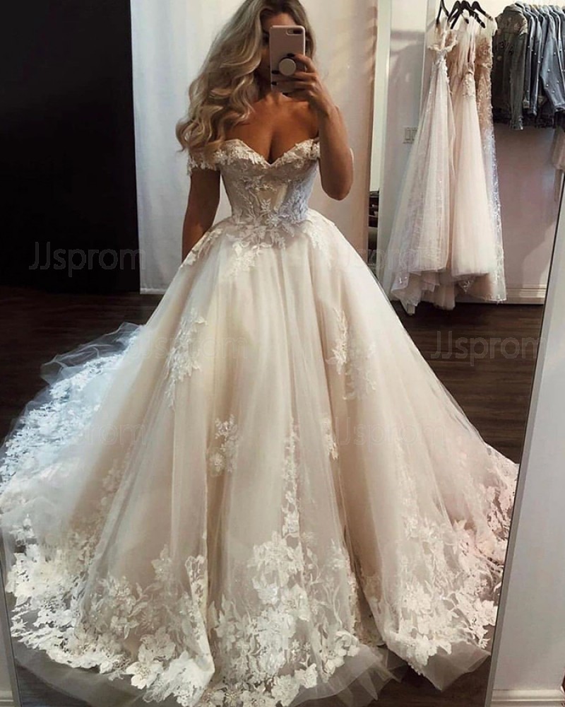 Lace Applique Tulle Ivory Off the Shoulder Wedding Dress WD2329