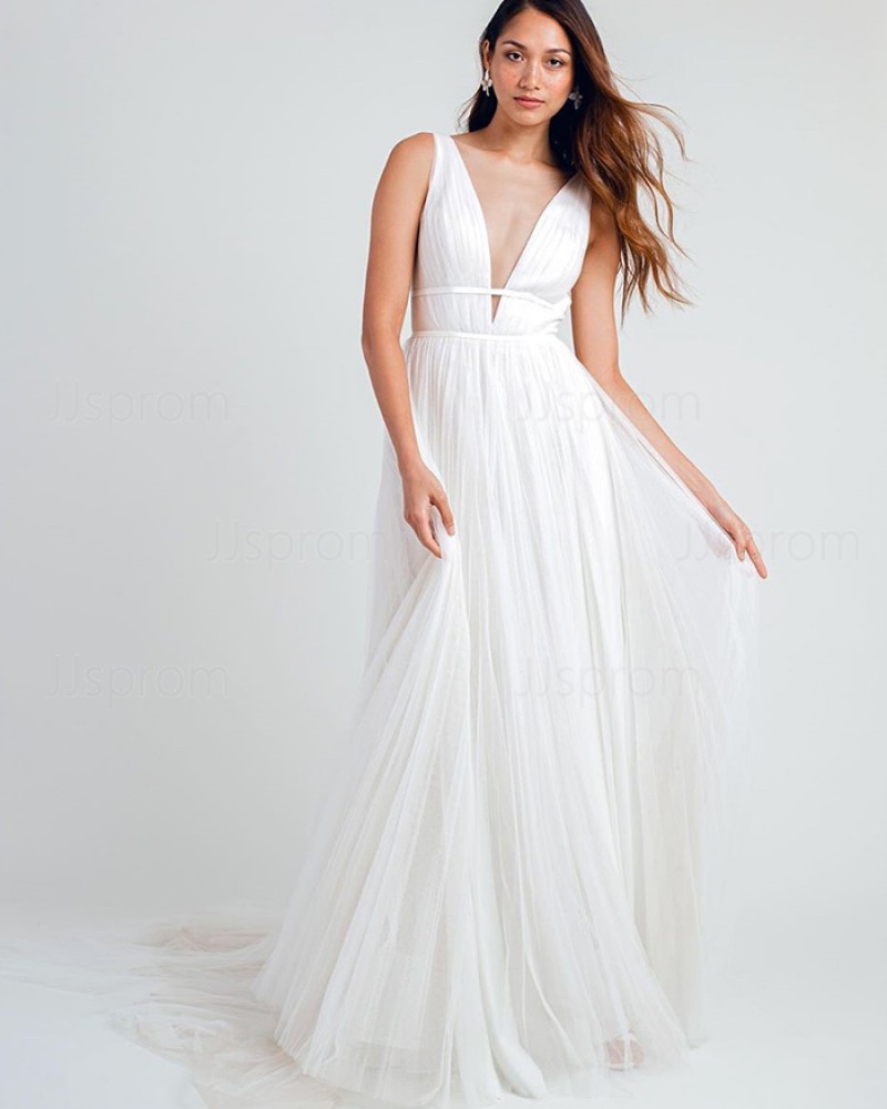 White Pleated Deep V-neck Beach Wedding Dress WD2330