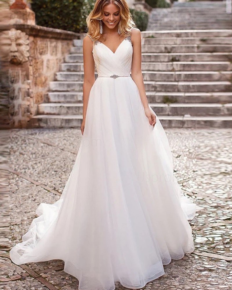 V-neck White Ruched Tulle Beading Simple Wedding Dress WD2334