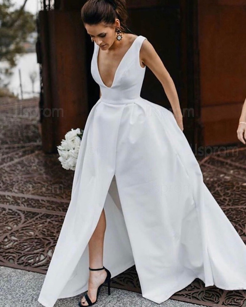 V-neck Satin White Simple Wedding Dress with Slit WD2335
