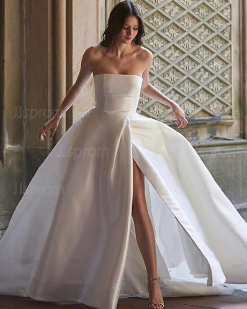 Strapless Satin White Simple Wedding Dress for Fall with Slit WD2336