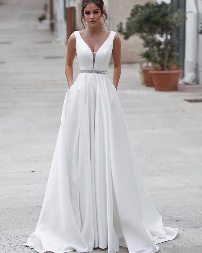 V-neck White A-line Satin Simple Wedding Dress with Pockets WD2338