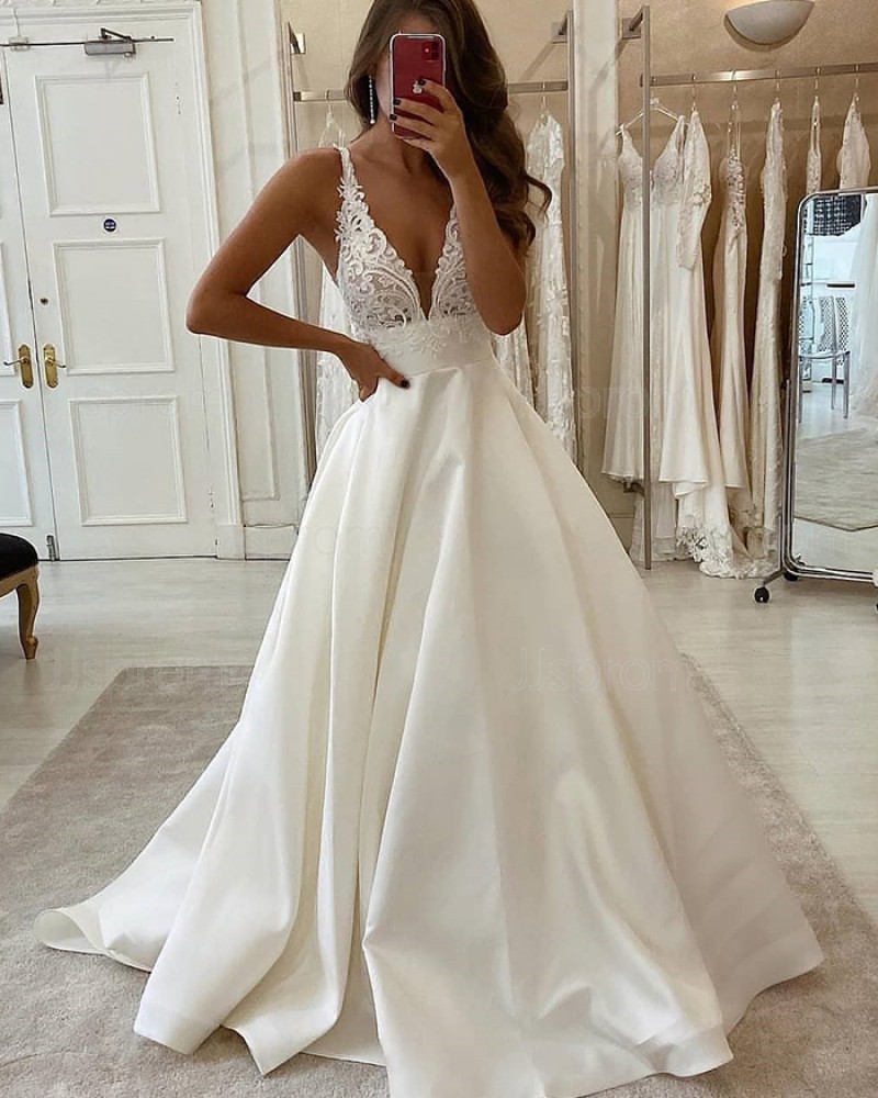 Lace Bodice White Satin V-neck Wedding Dress WD2340