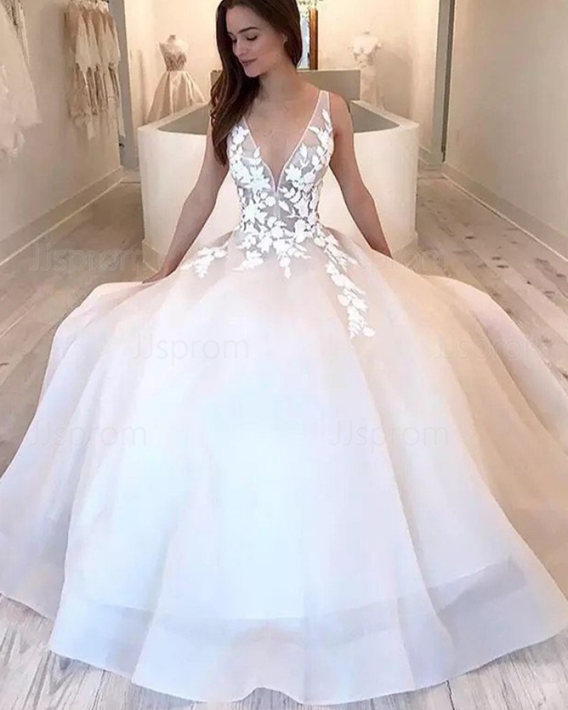 V-neck White Tulle Strapless Wedding Dress WD2342