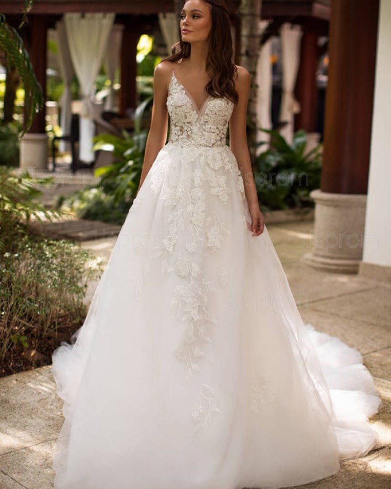 White Spaghetti Straps Lace Applique Wedding Dress WD2343