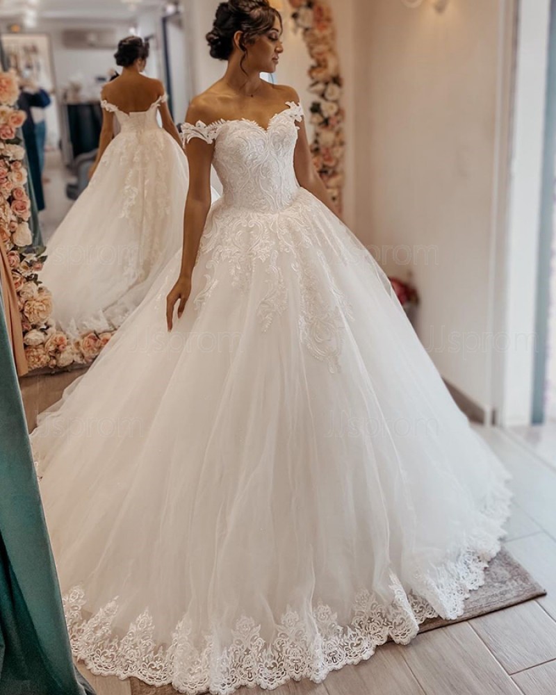 White Off the Shoulder Lace Applique Tulle A-line Wedding Dress WD2400