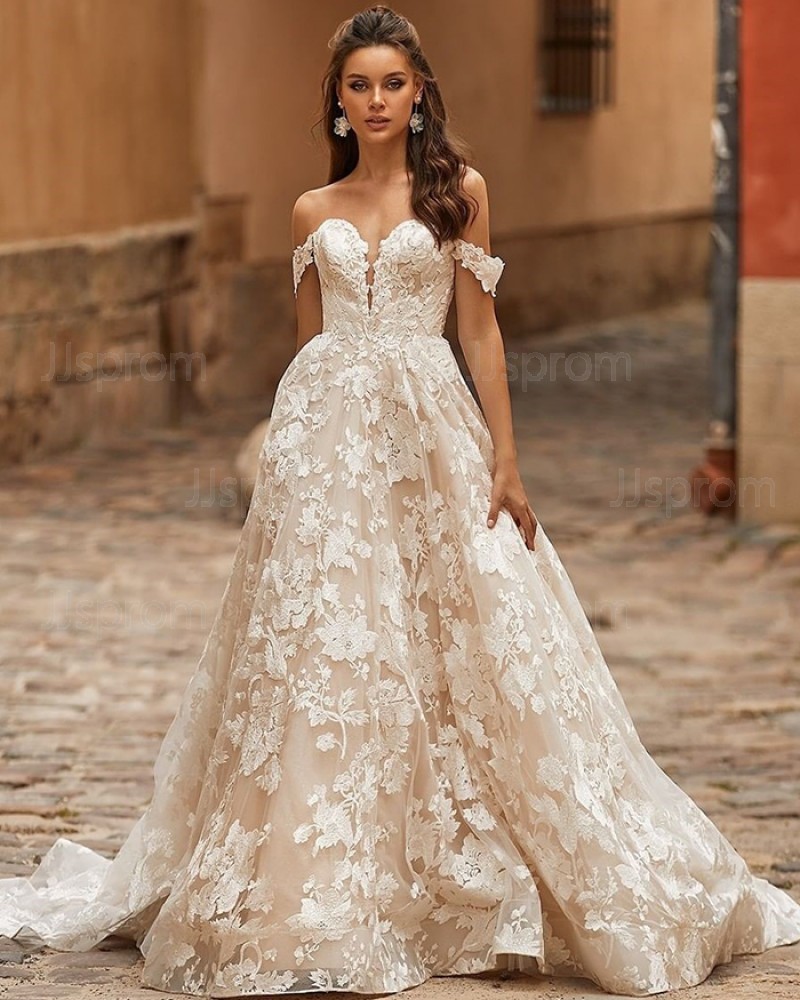 Off the Shoulder Lace Ivory A-line Vintage Wedding Dress WD2402