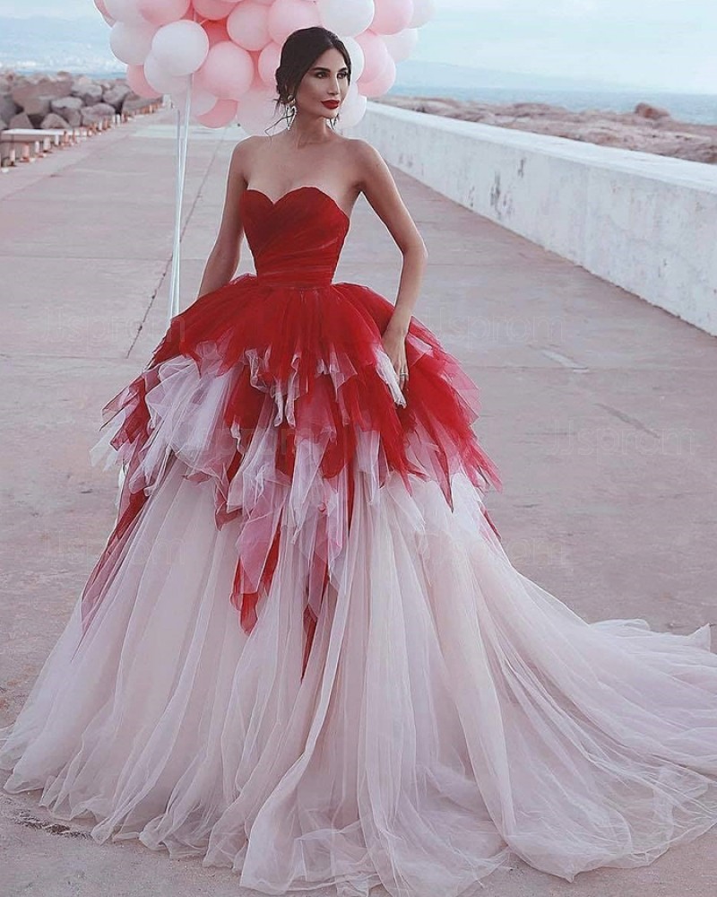 Red & Ivory Sweetheart Tulle Ruffled Wedding Dress WD2404