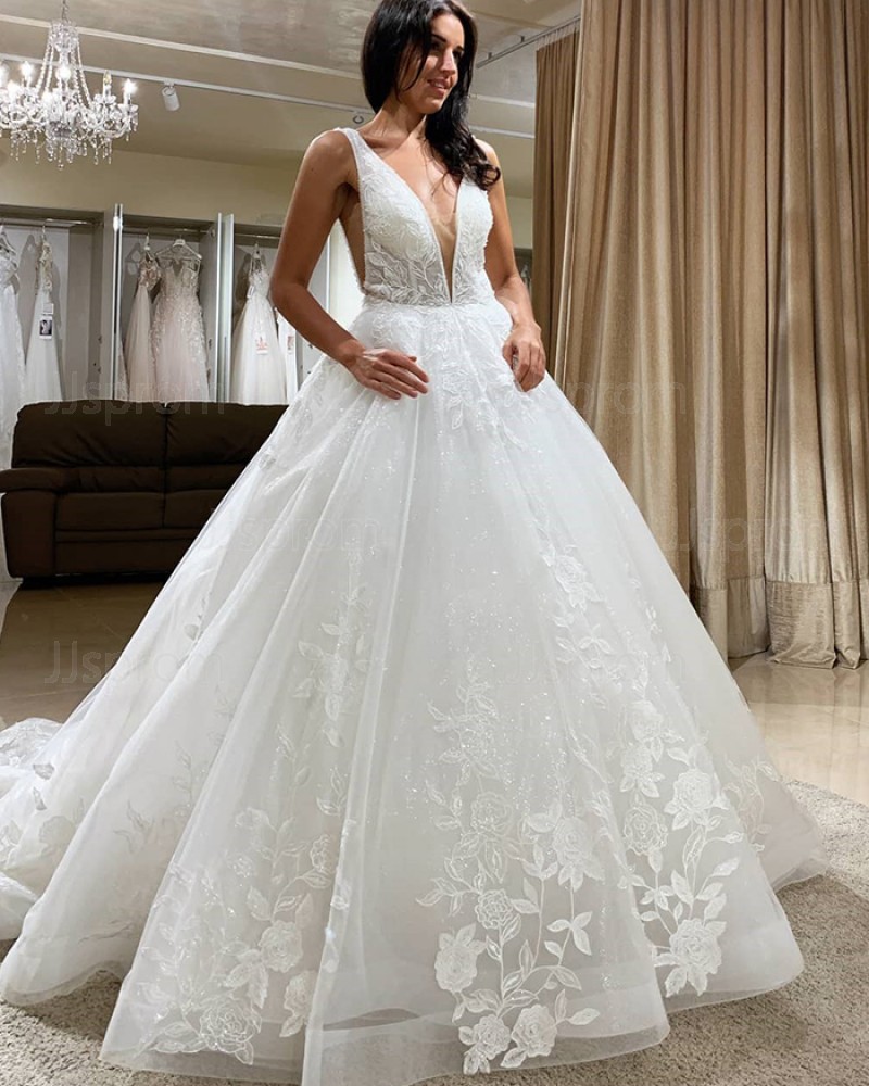 Lace White Tulle V-neck A-line Wedding Dress WD2405