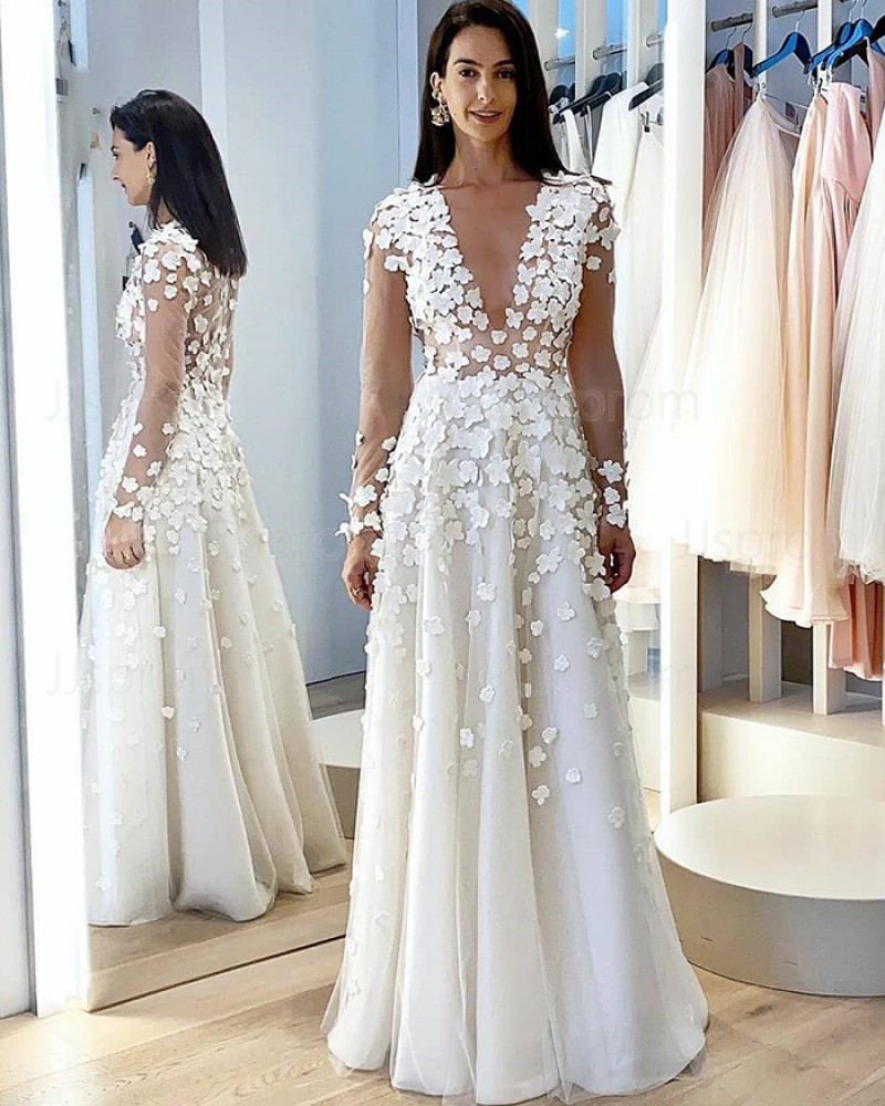 White Long Sleeve Jewel Neckline A-line Wedding Dress with Handmade Flowers WD2407