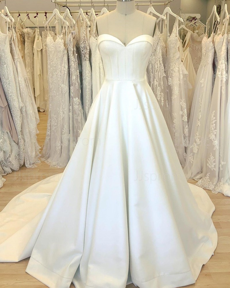 Simple Satin White Sweetheart Wedding Dress with Court Train WD2408