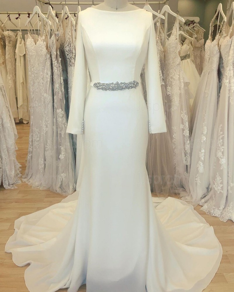 Simple Neckline Bateau White Satin Sheath Wedding Dress with Long Sleeves WD2412